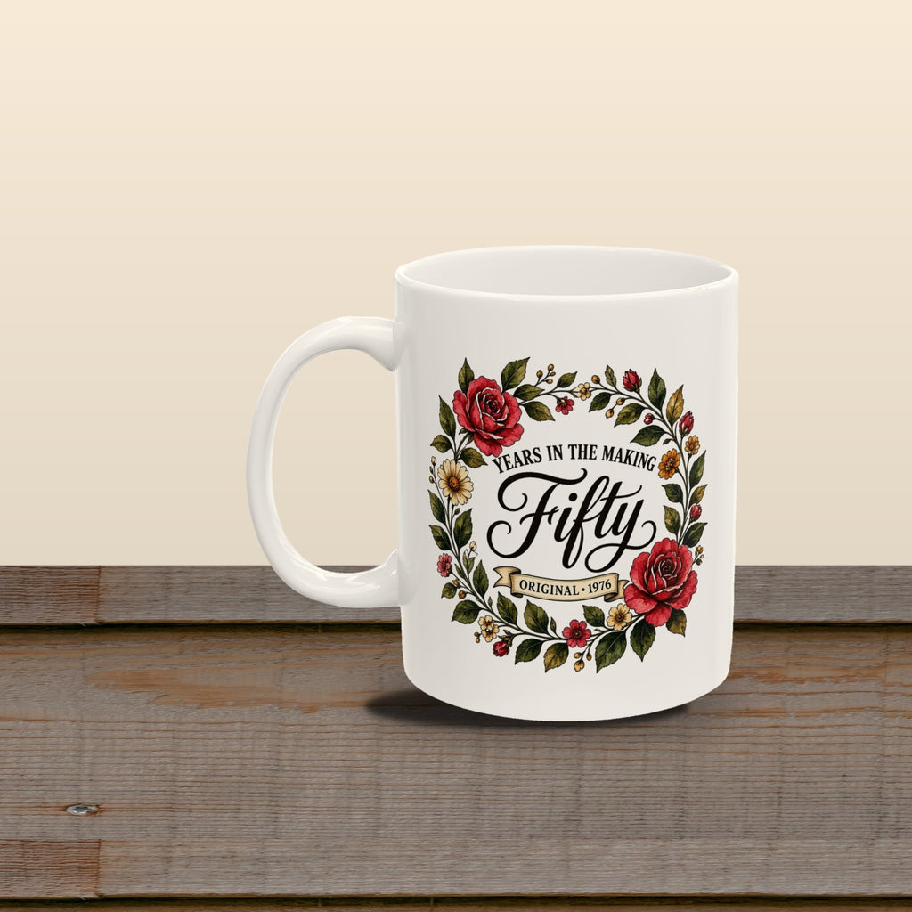Fifty Years in the Making mug - styled brown planks 04