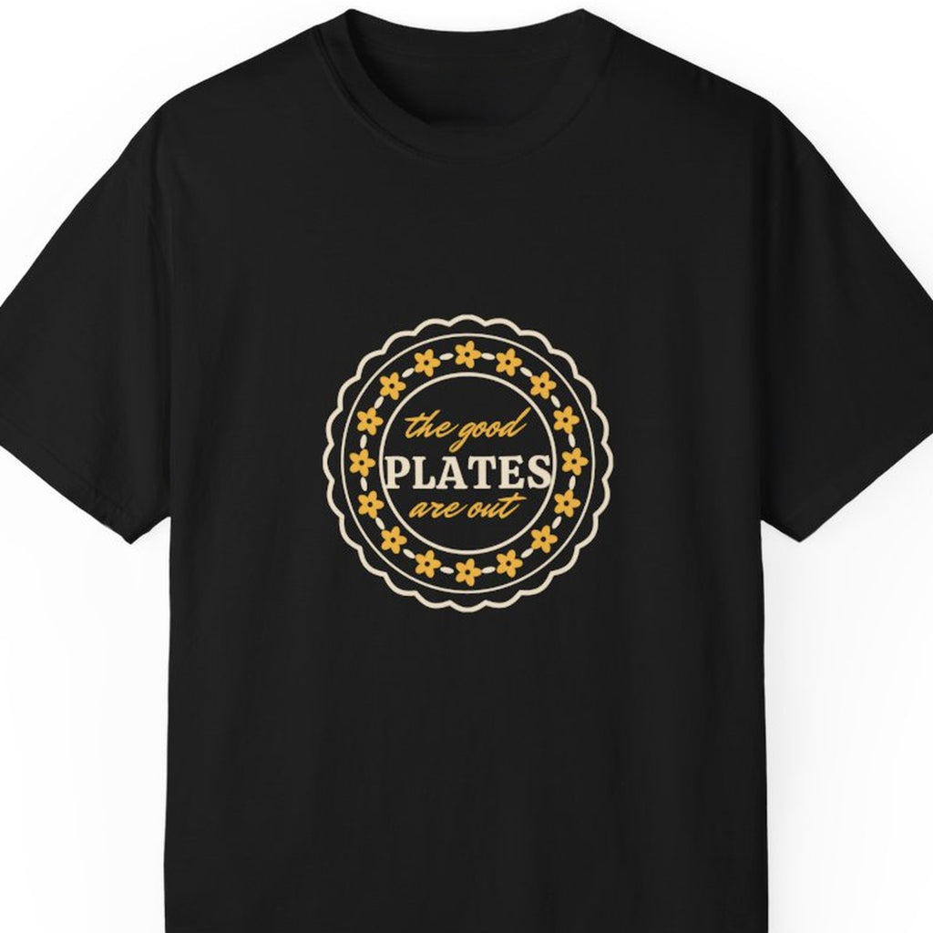 The Good Plates Are Out tee - closeup black 1.55x