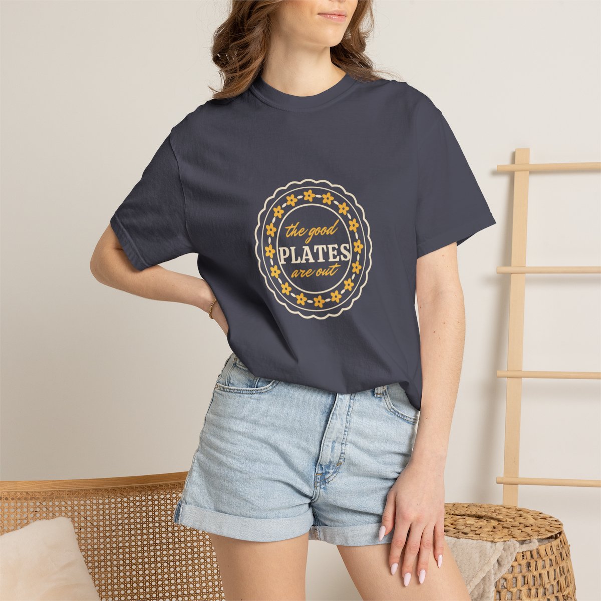 The Good Plates Are Out tee - model navy room