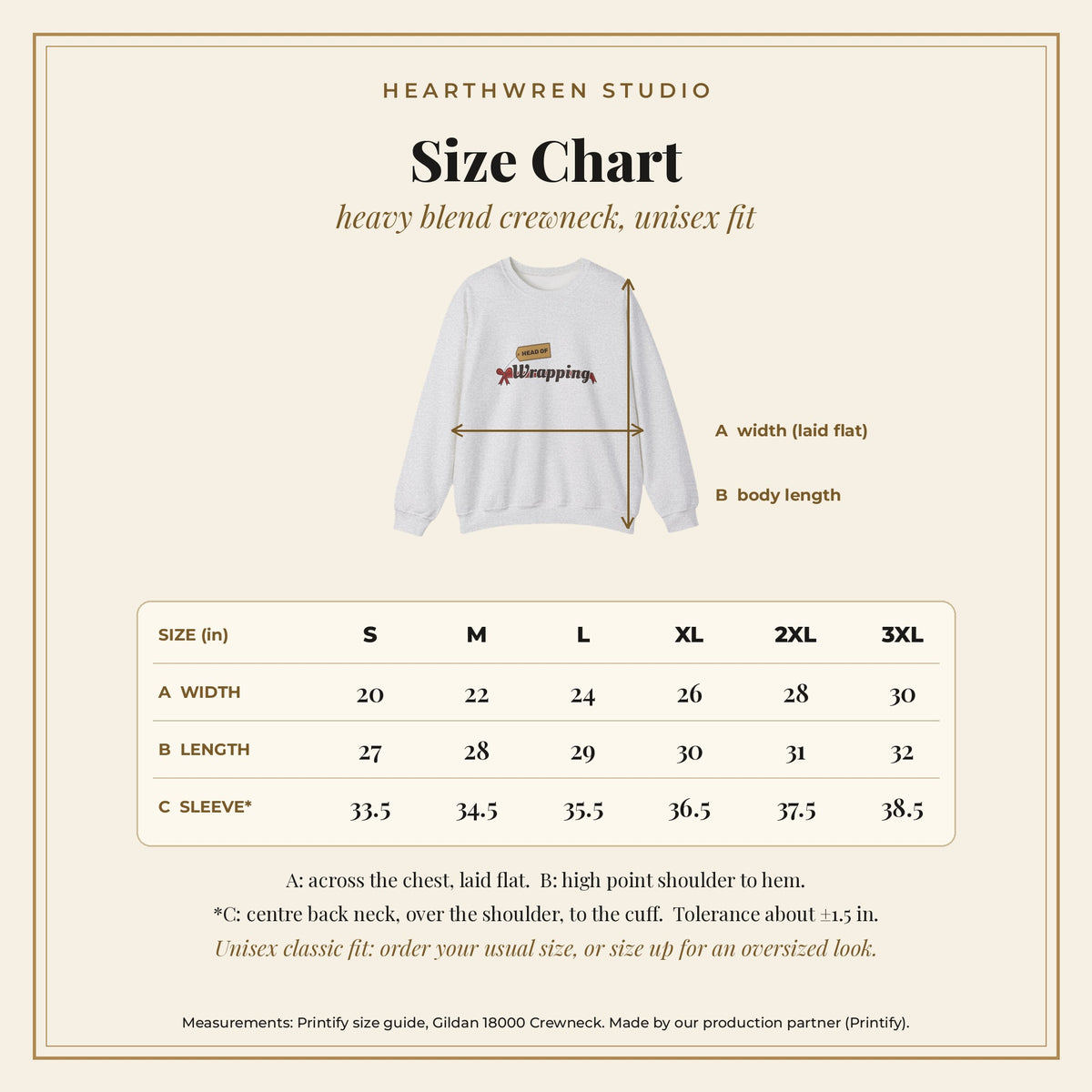Head of Wrapping sweatshirt - size chart
