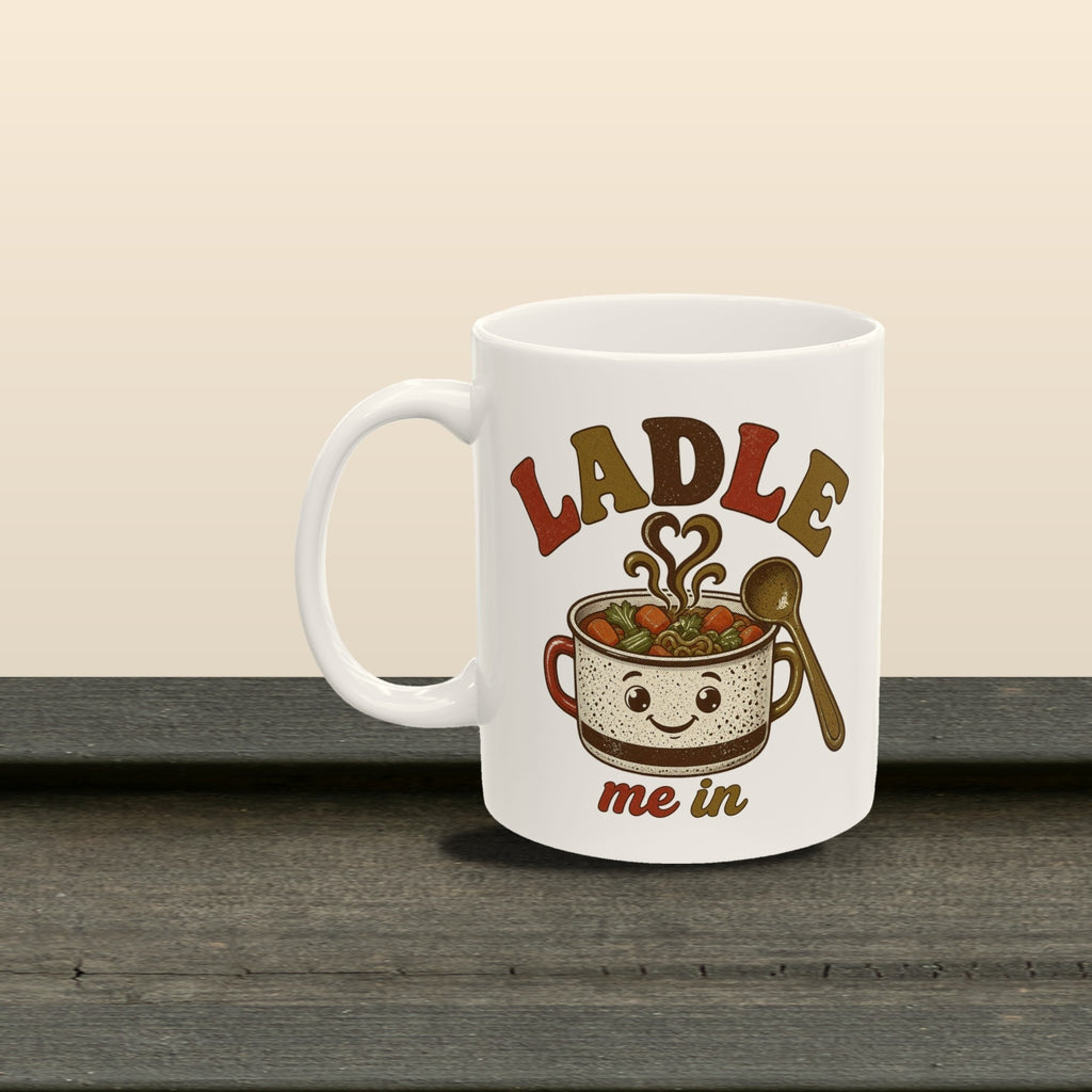 Ladle Me In mug - styled dark planks