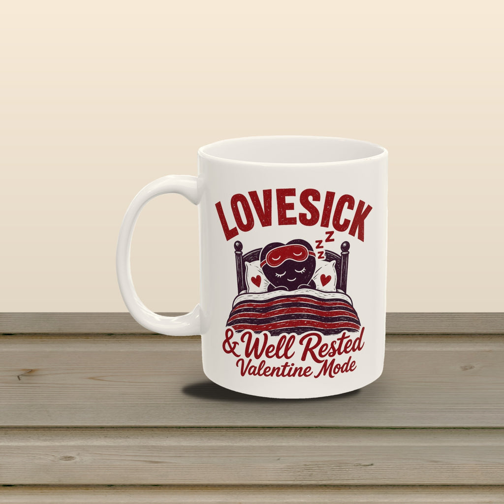 Lovesick and Well Rested mug - styled brown planks 05