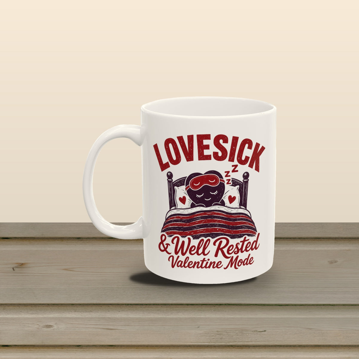 Lovesick and Well Rested mug - styled brown planks 05