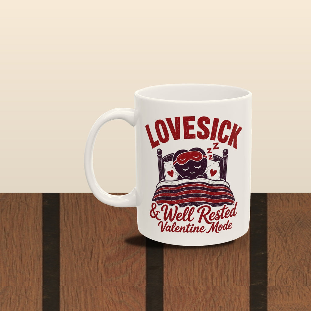 Lovesick and Well Rested mug - styled synthetic wood