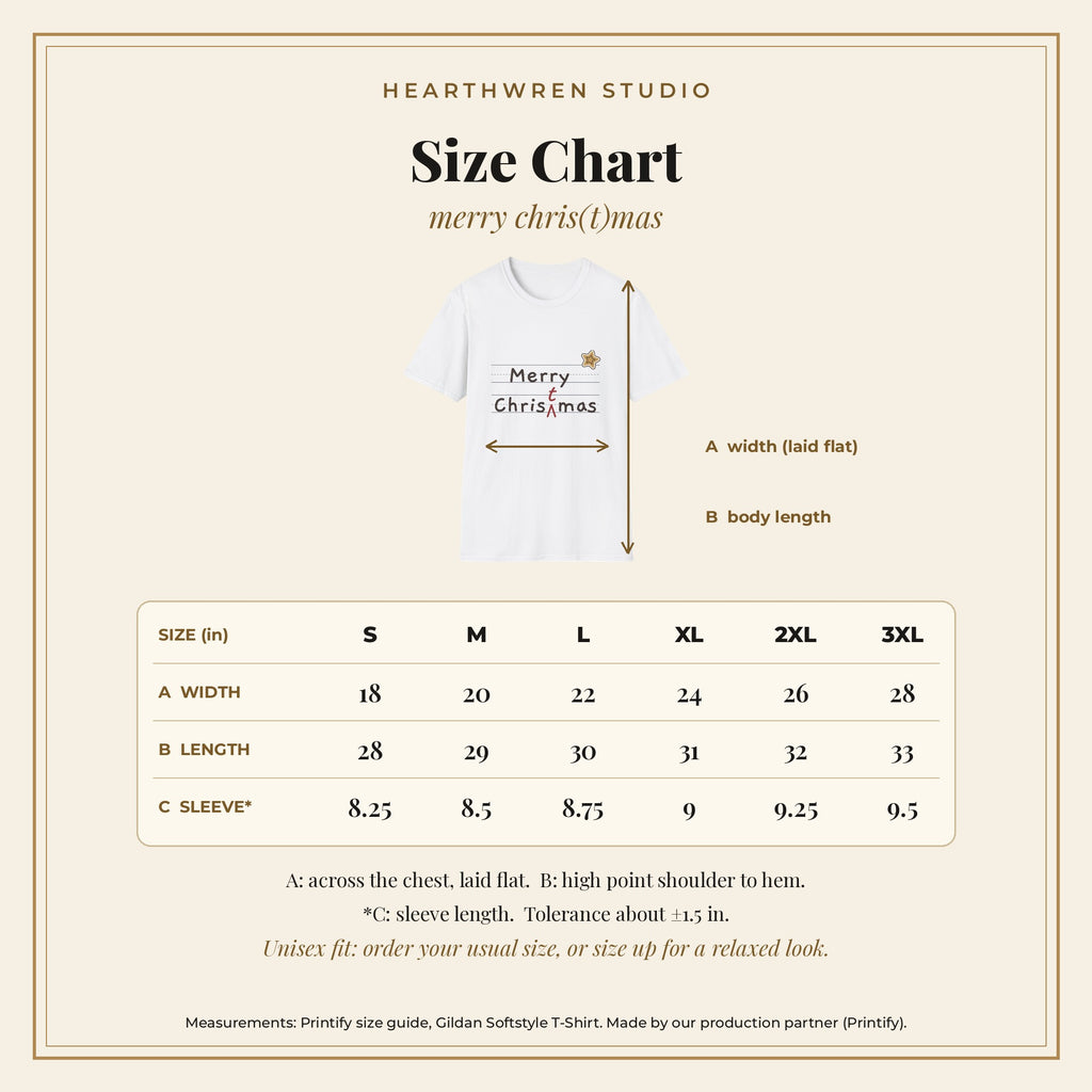 Merry Christmas Red Pen tee - size chart