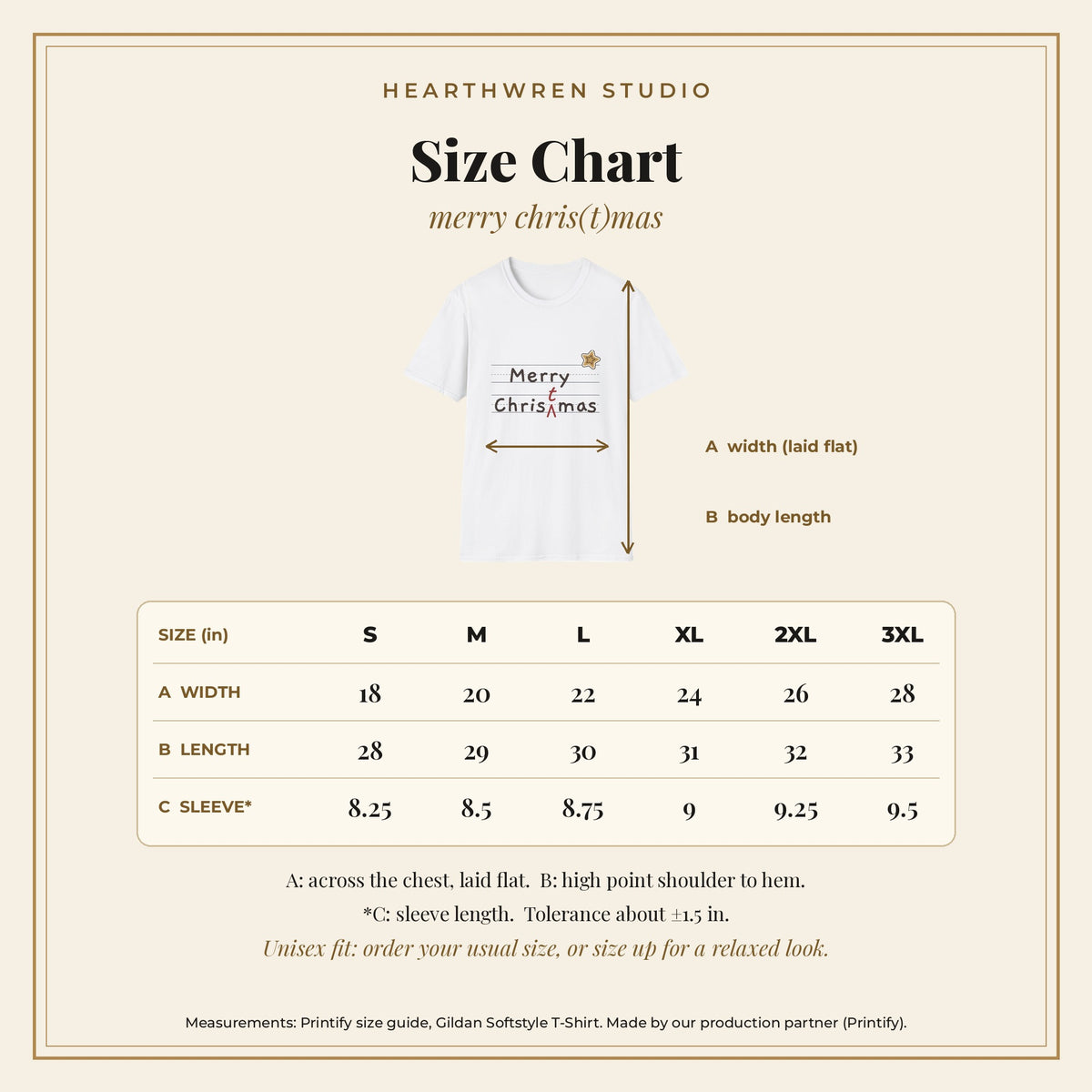 Merry Christmas Red Pen tee - size chart
