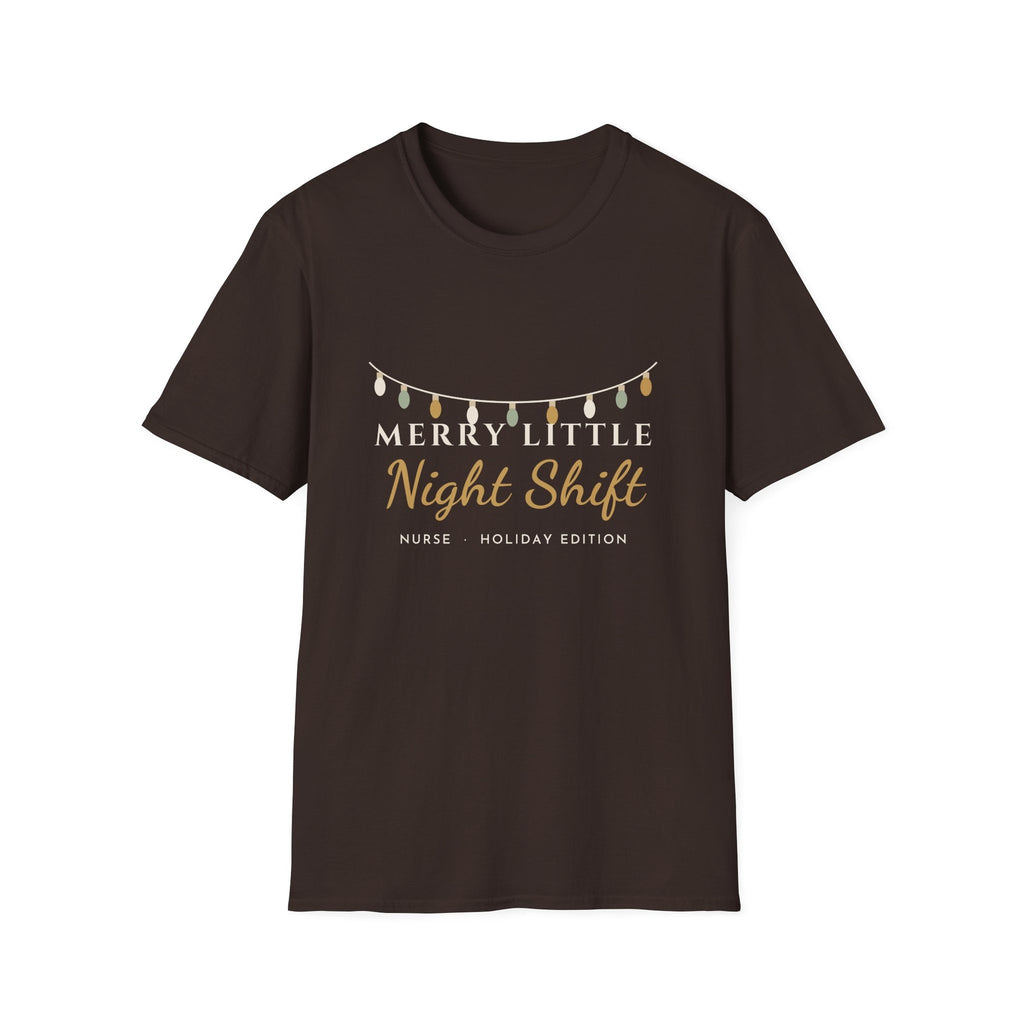 Merry Little Night Shift nurse tee - front dark chocolate