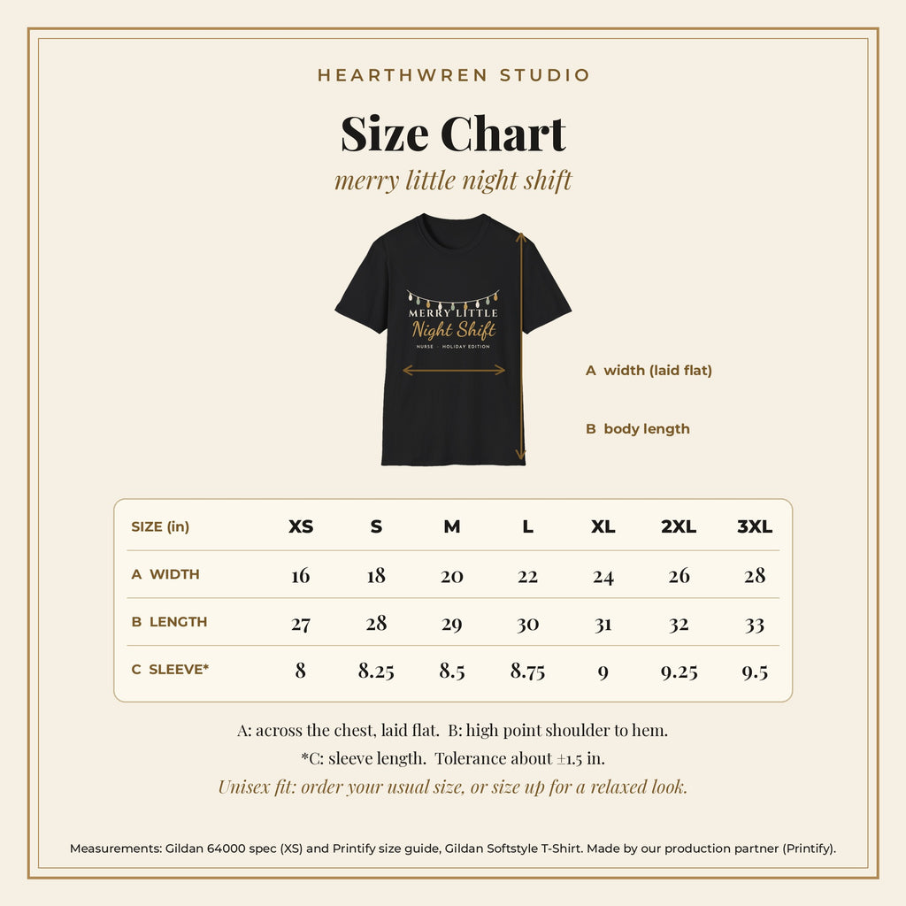 Merry Little Night Shift nurse tee - size chart