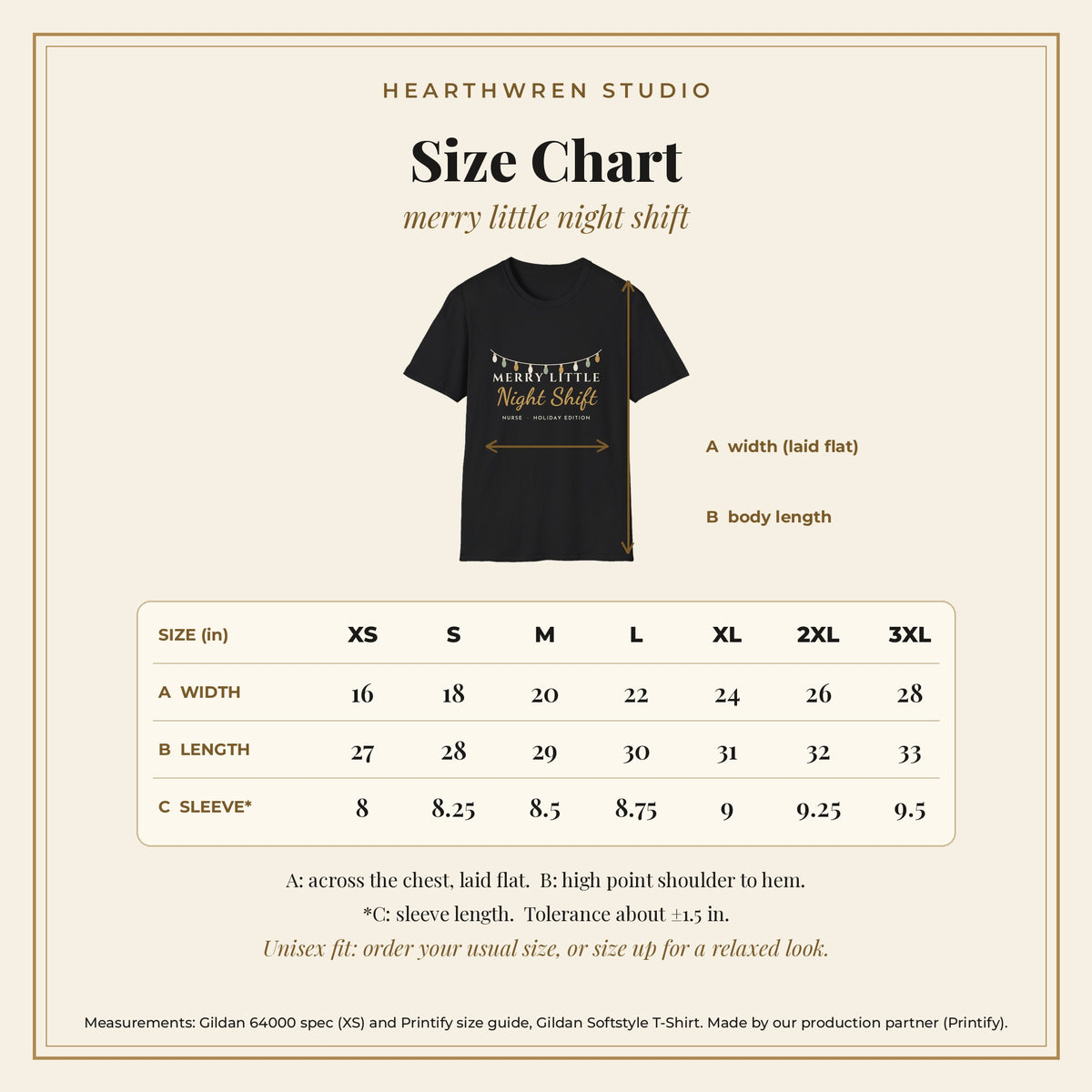 Merry Little Night Shift nurse tee - size chart