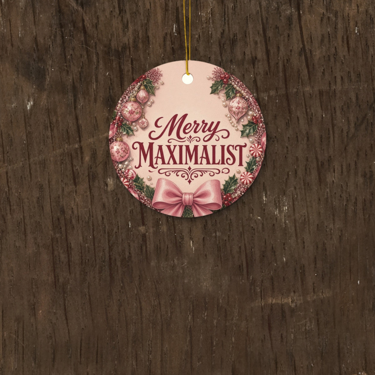 Merry Maximalist ornament - styled fine grained wood