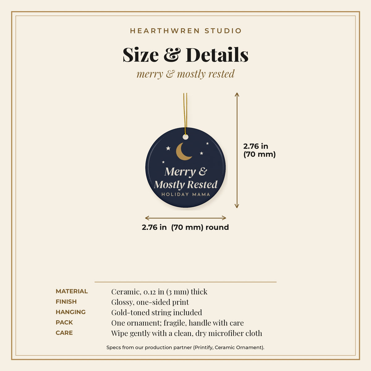 Merry and Mostly Rested Christmas ornament - specs