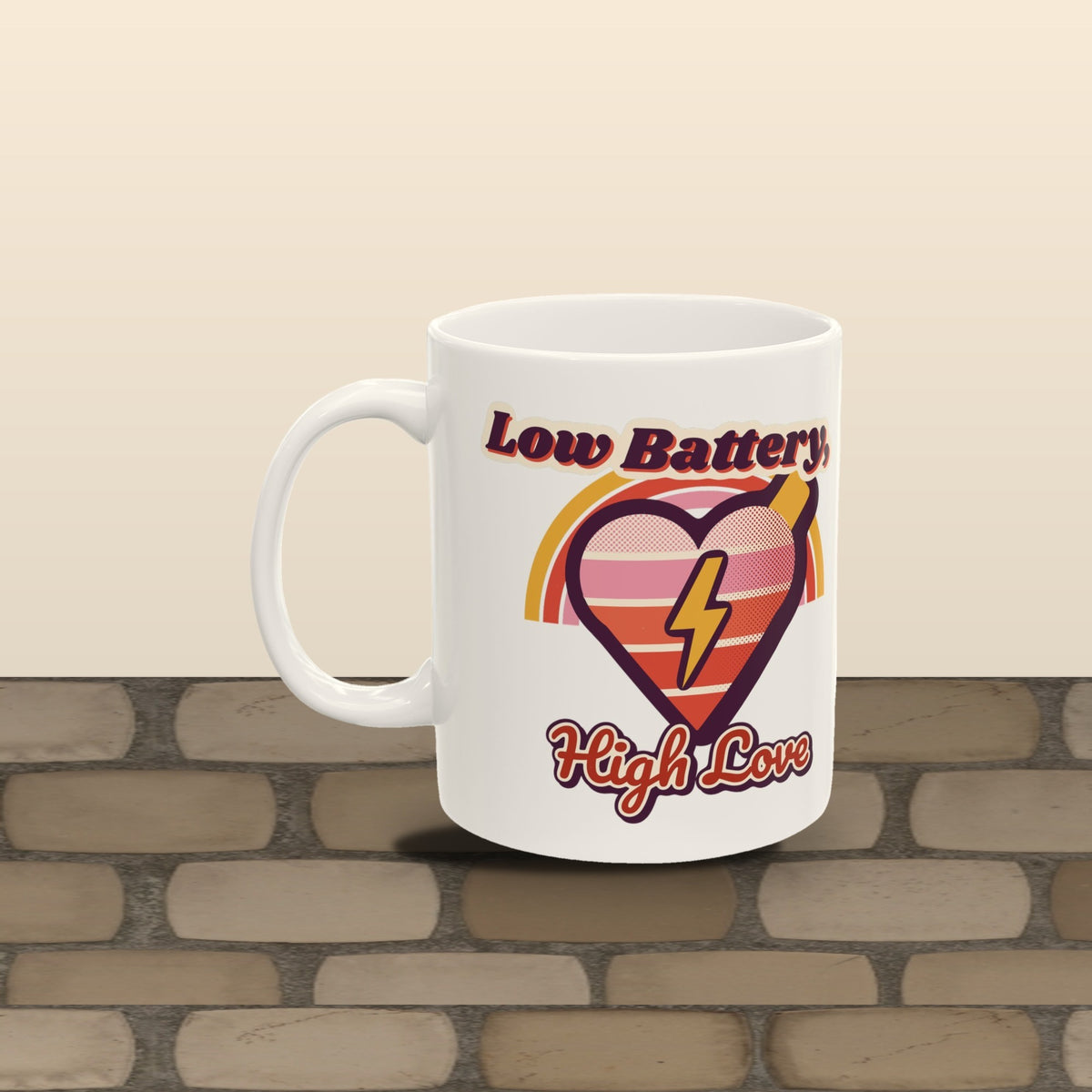 Mom Mode Low Battery High Love mug - styled rounded square tiled wall