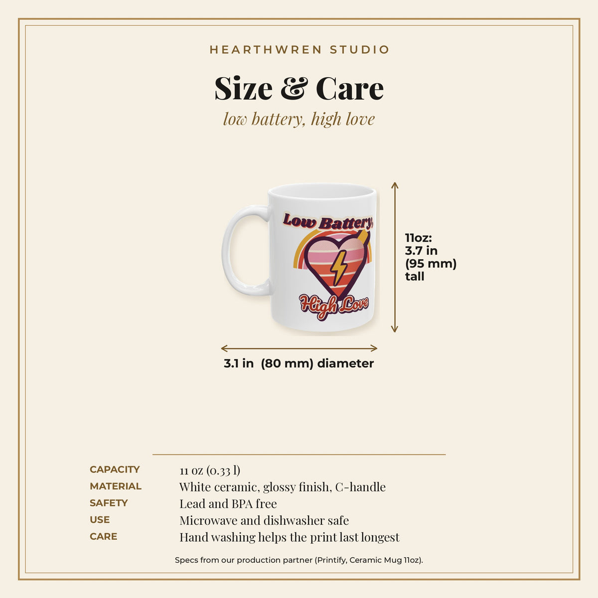 Mom Mode Low Battery High Love mug - specs care