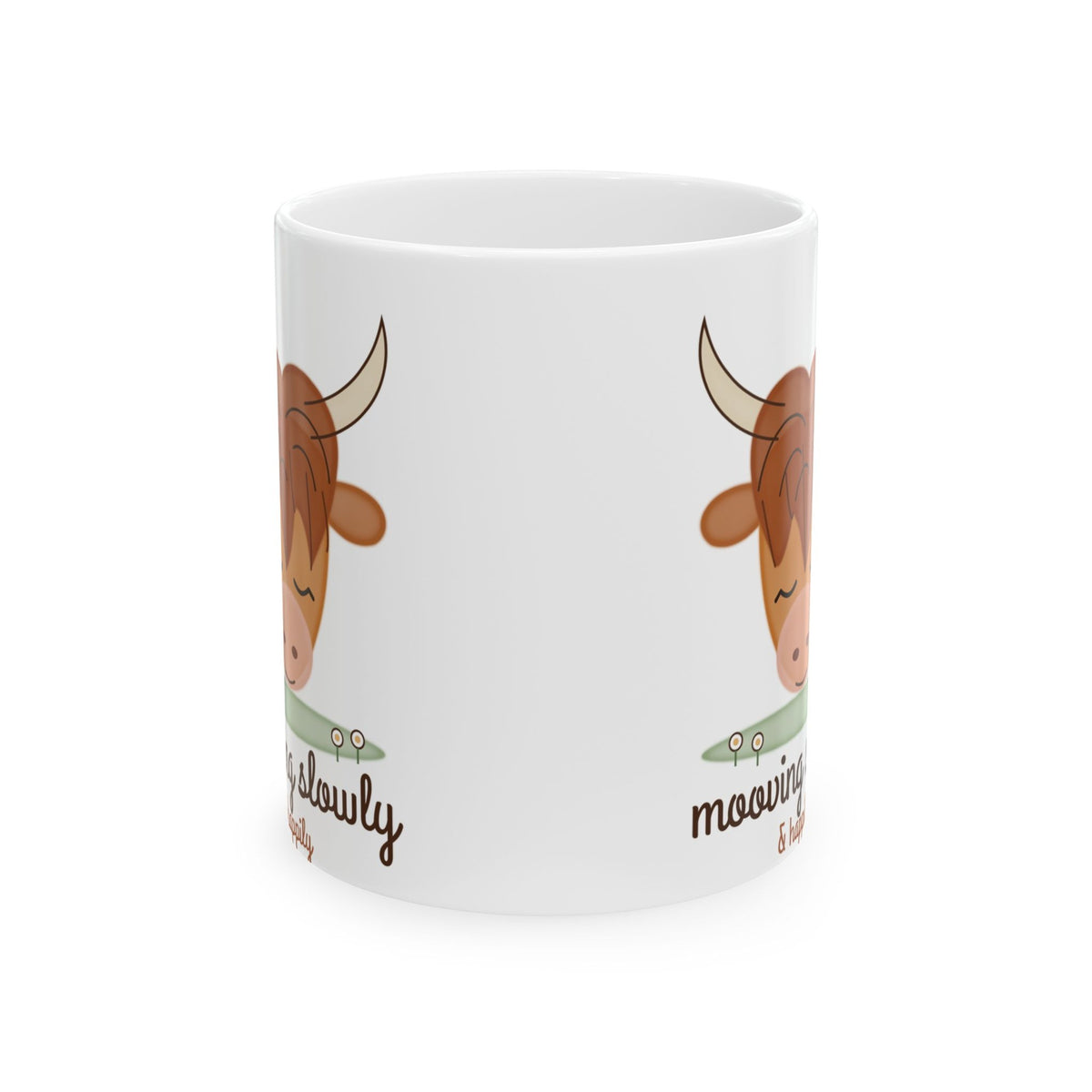 Mooving Slowly highland cow mug - front