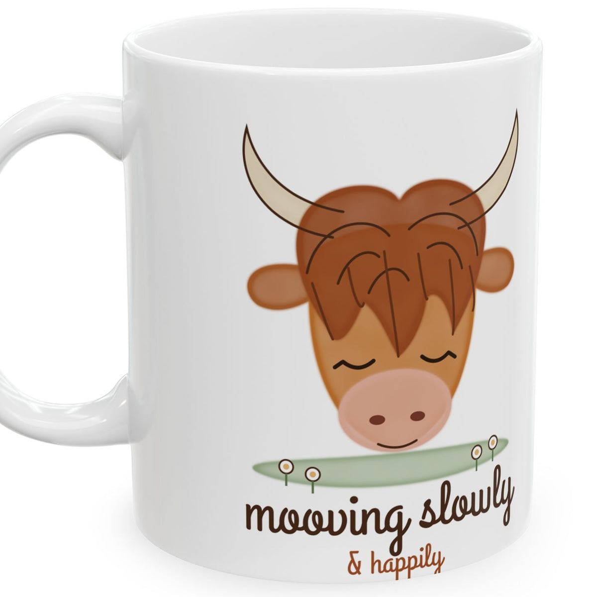 Mooving Slowly highland cow mug - closeup art