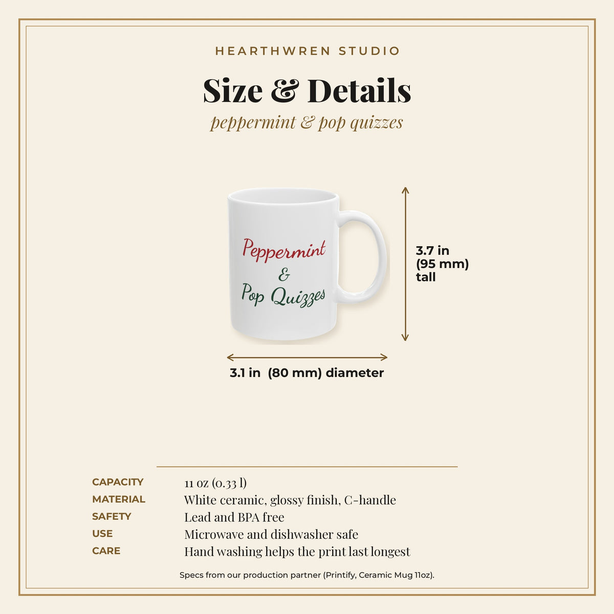Peppermint and Pop Quizzes teacher mug - specs