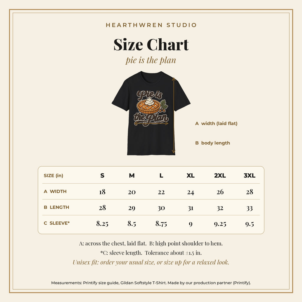 Pie Is the Plan tee - size chart