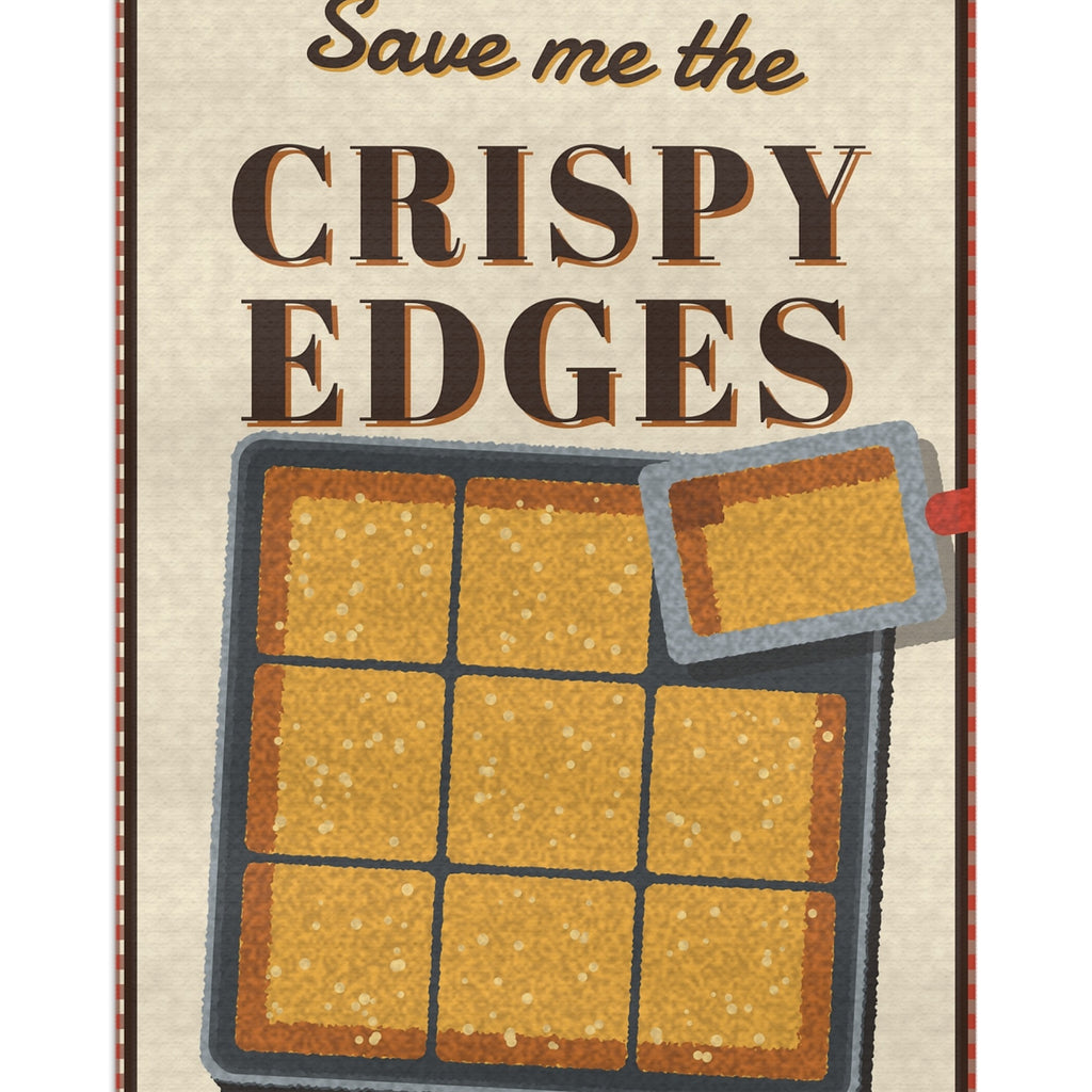 Save Me the Crispy Edges tea towel - closeup art