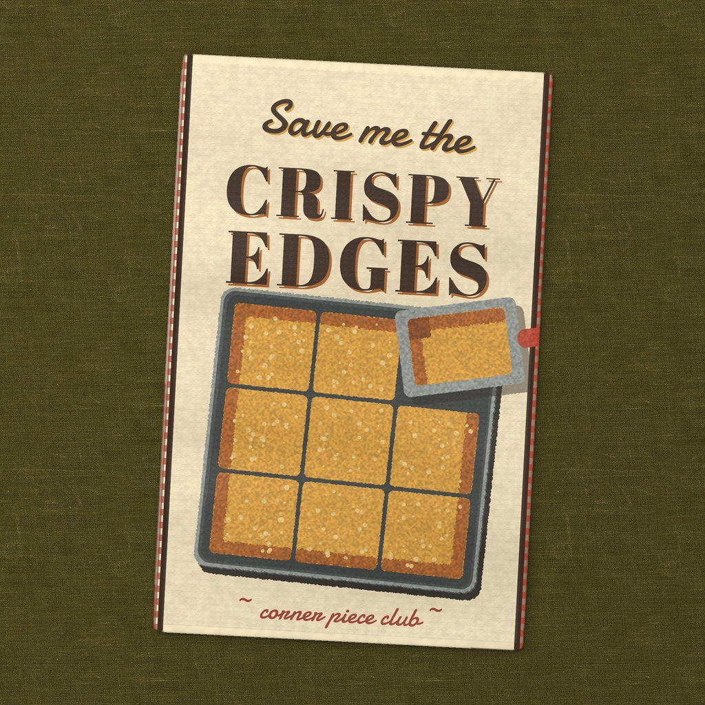 Save Me the Crispy Edges tea towel - styled book pattern