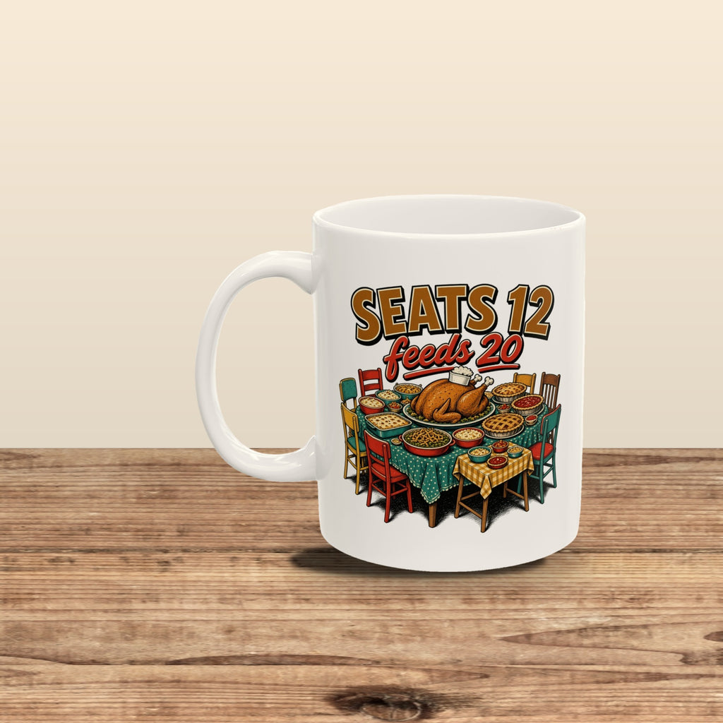 Seats 12 Feeds 20 mug - styled raw wooden floor 01
