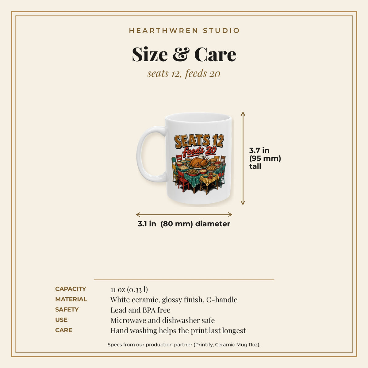 Seats 12 Feeds 20 mug - specs care