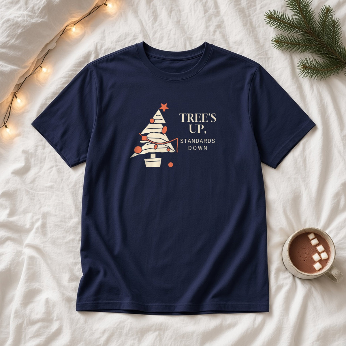 Trees Up Standards Down tee - lifestyle bed navy