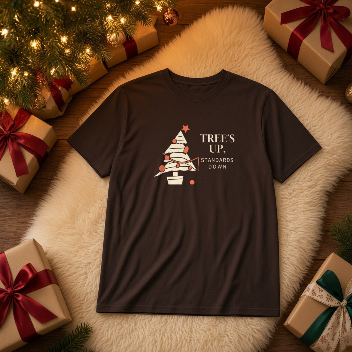 Trees Up Standards Down tee - lifestyle tree dark chocolate