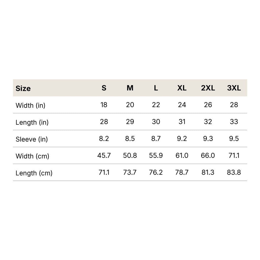 Trees Up Standards Down tee - size chart