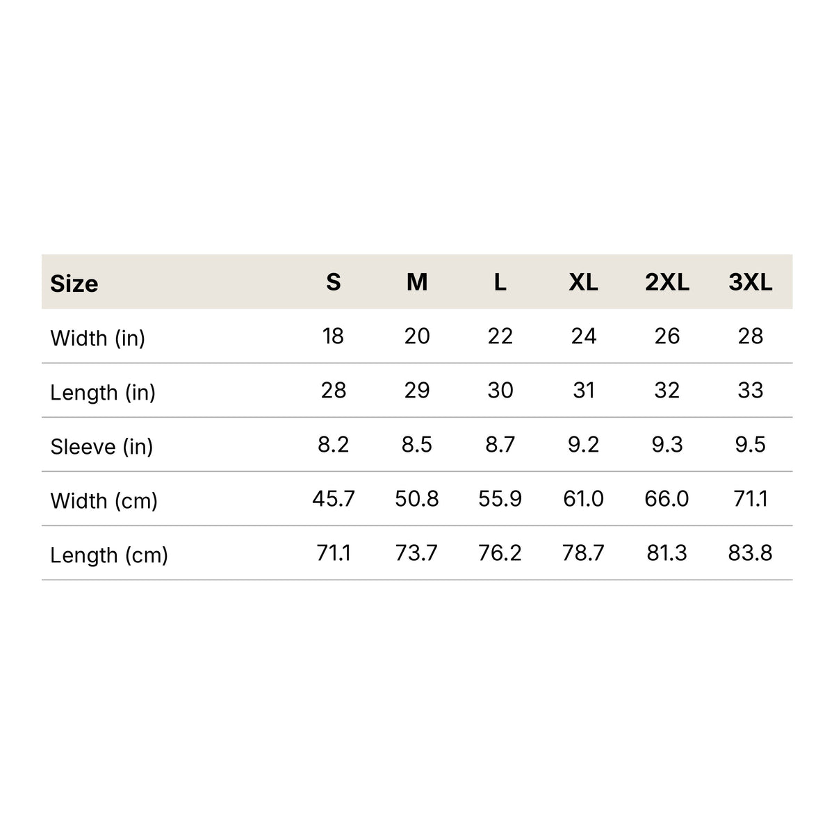 Trees Up Standards Down tee - size chart