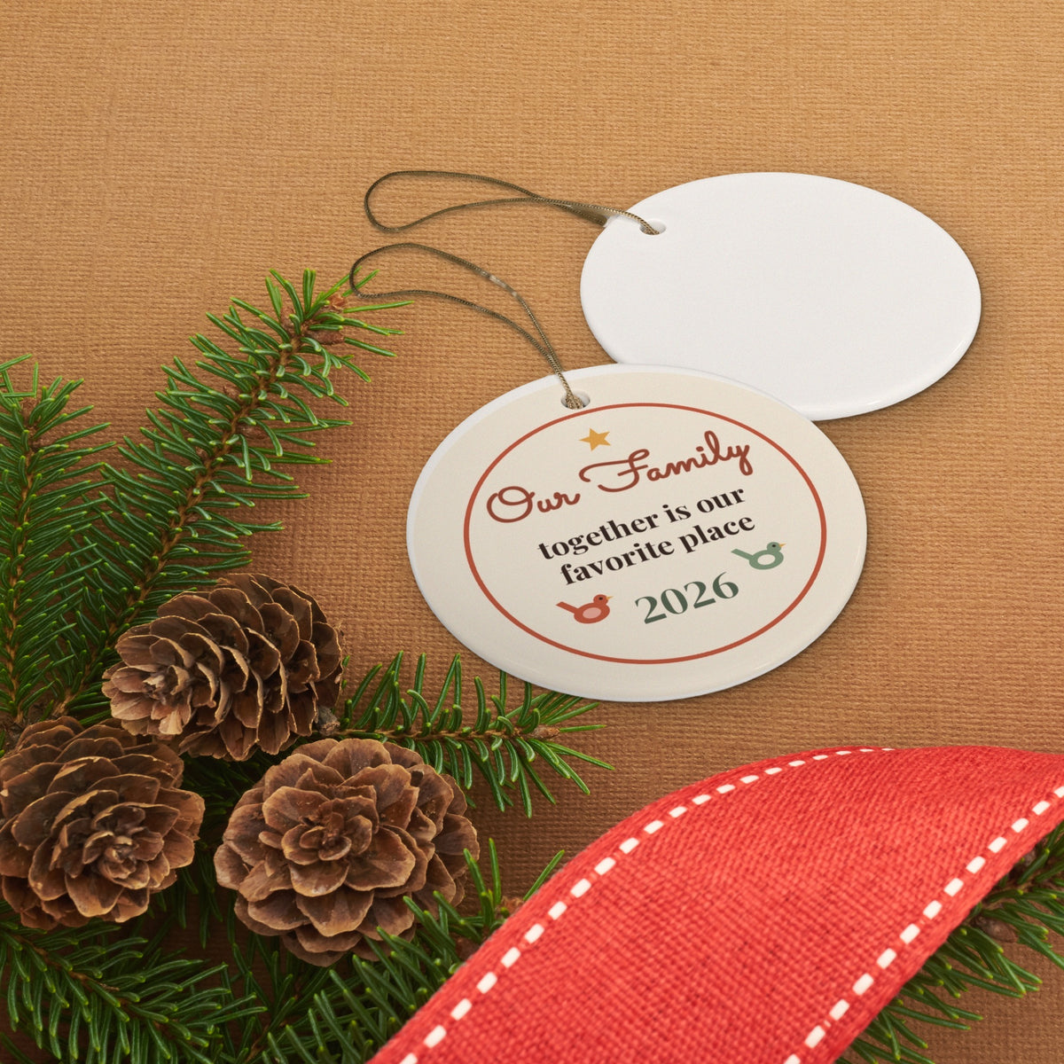 Our Family 2026 ornament styled flat lay