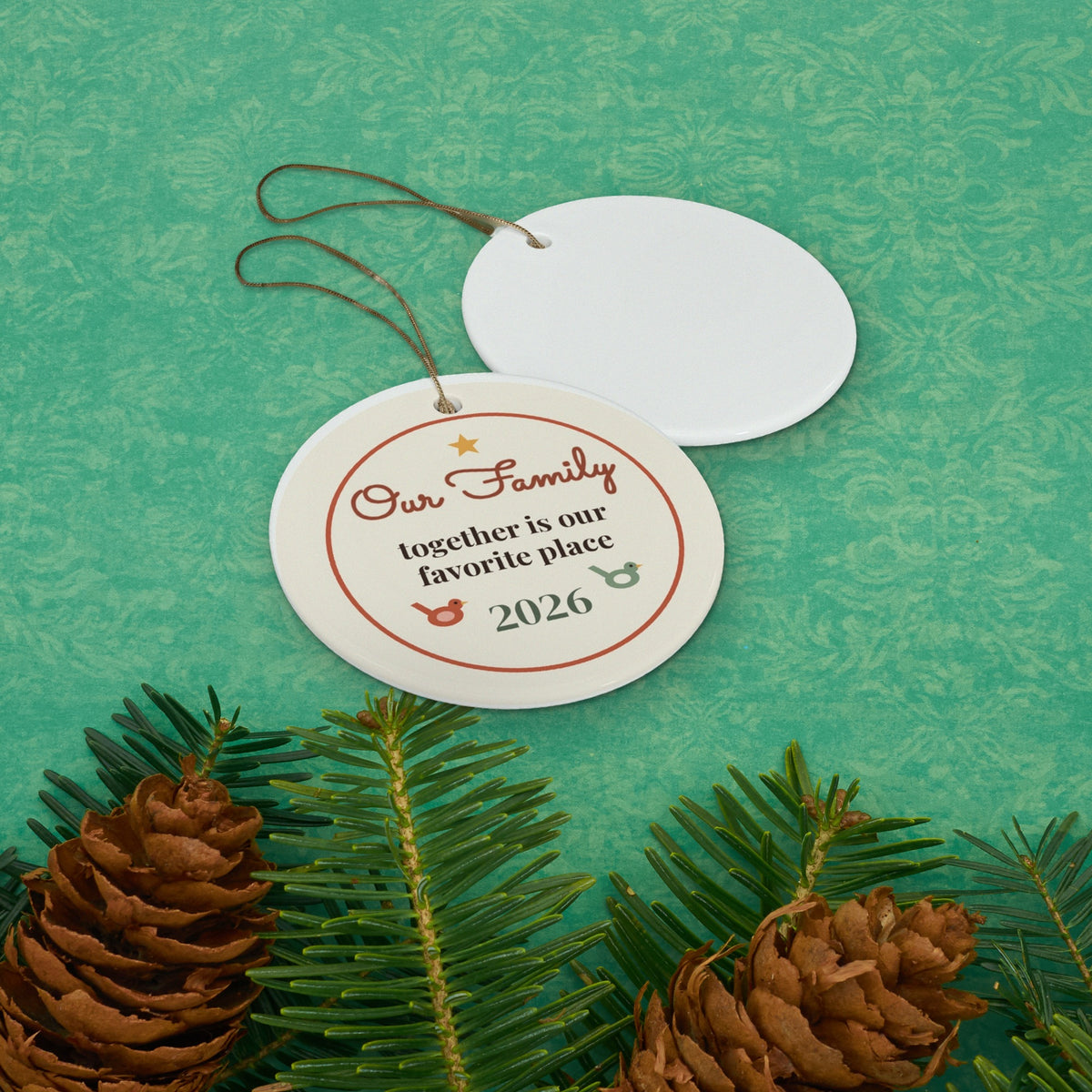 Our Family 2026 ornament styled flat lay