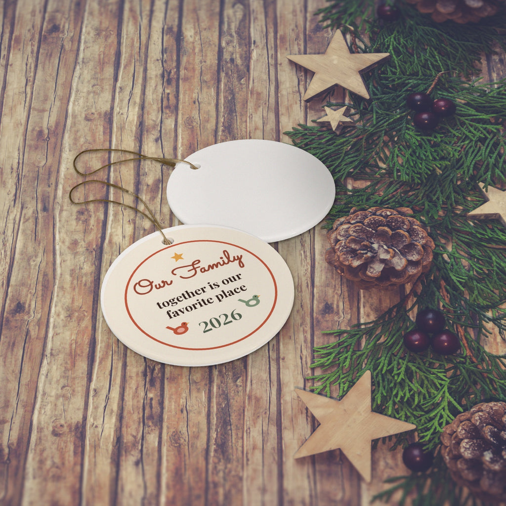 Our Family 2026 ornament styled flat lay