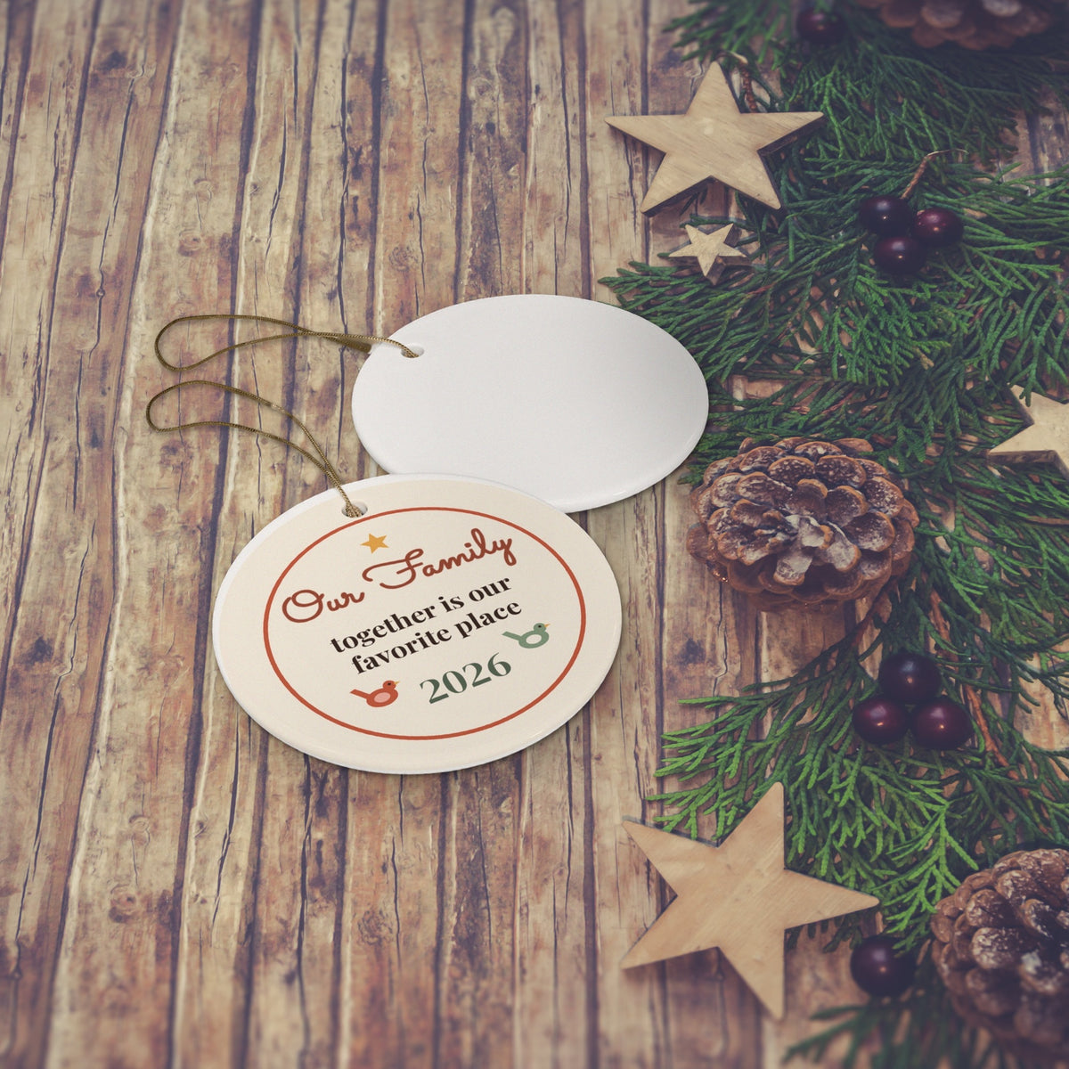 Our Family 2026 ornament styled flat lay
