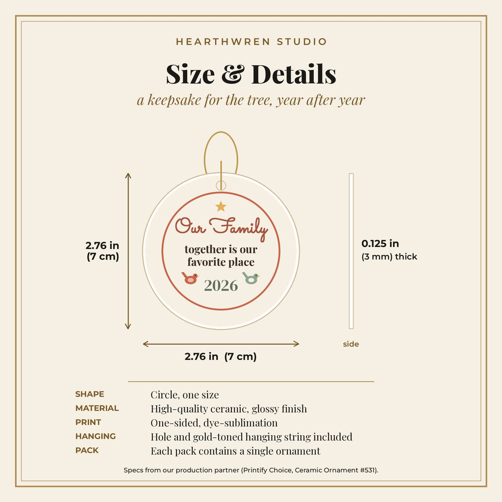 Our Family 2026 ornament size and spec card