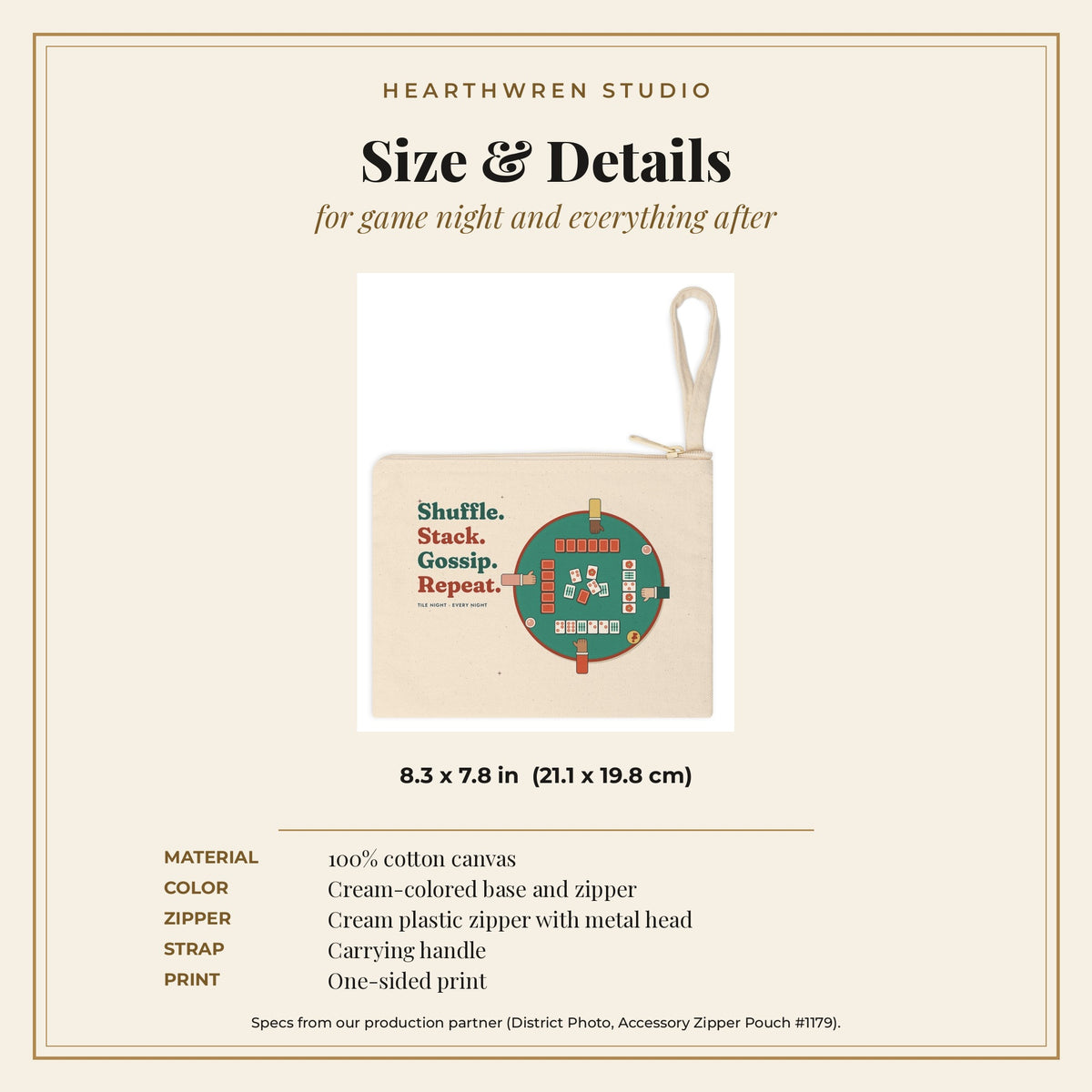 Shuffle Stack Gossip Repeat pouch size and spec card