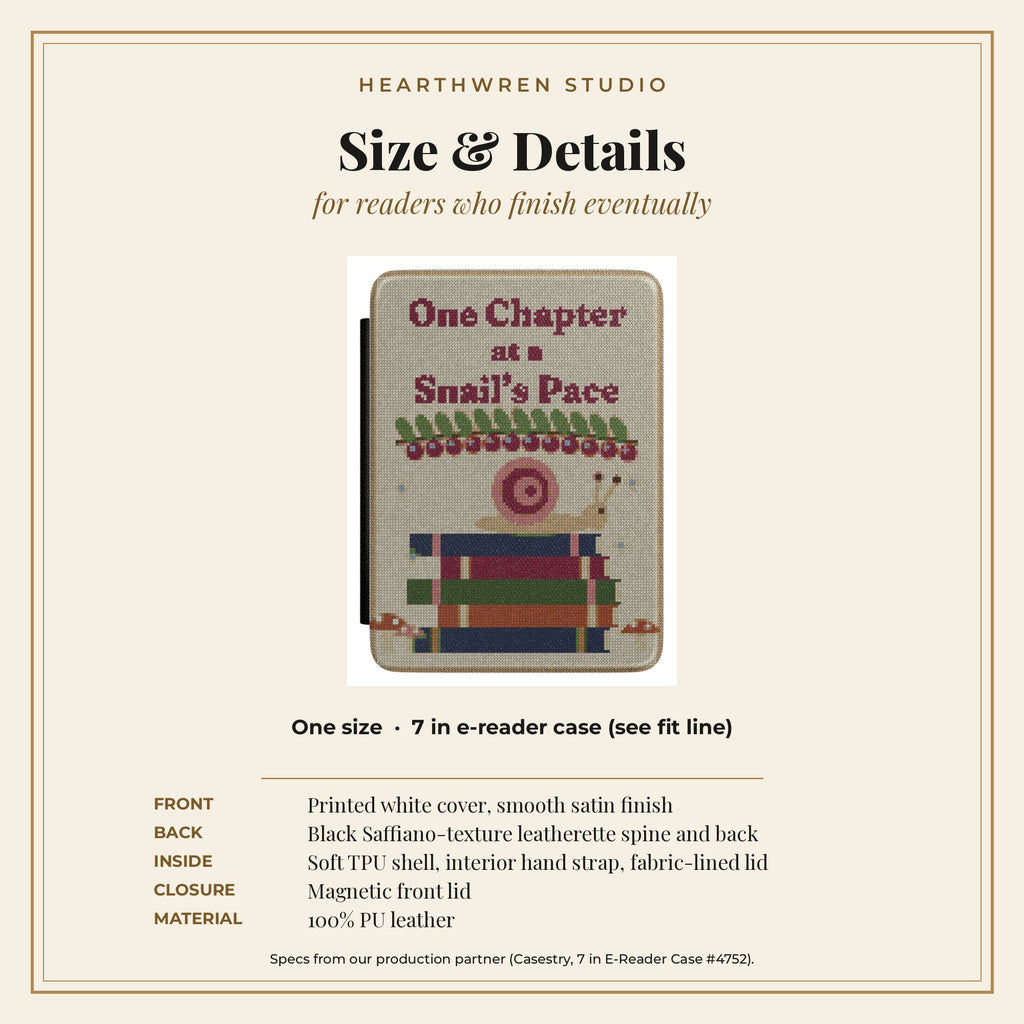 Snail's Pace e-reader case size and spec card
