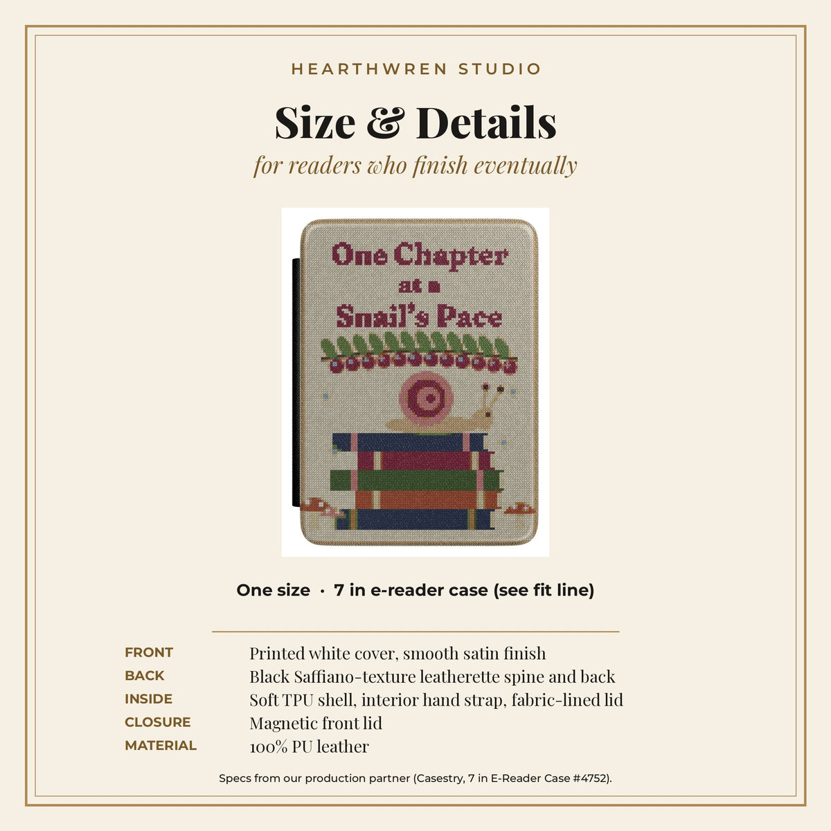 Snail's Pace e-reader case size and spec card