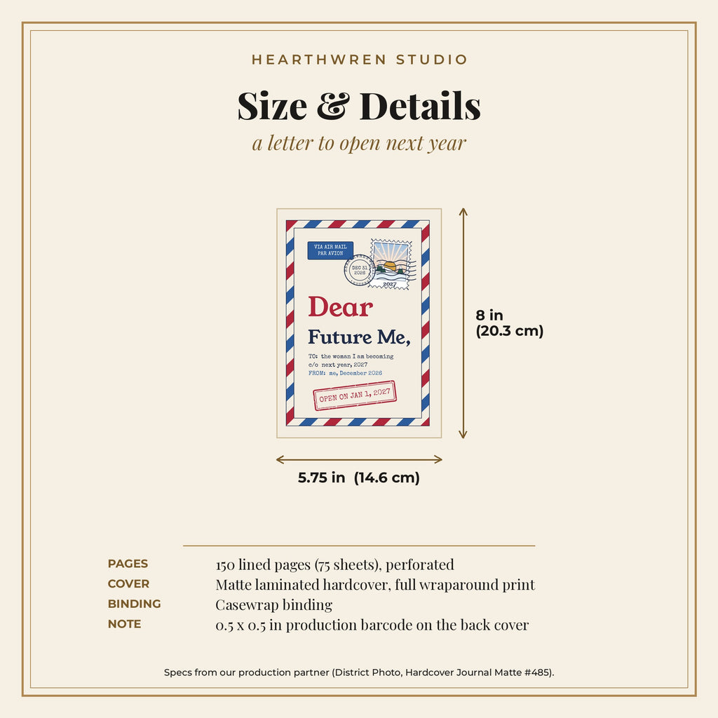 Dear Future Me journal size and spec card