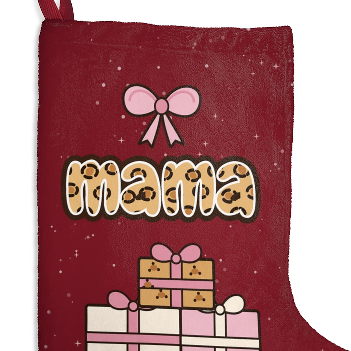 Leopard mama stocking design detail close-up