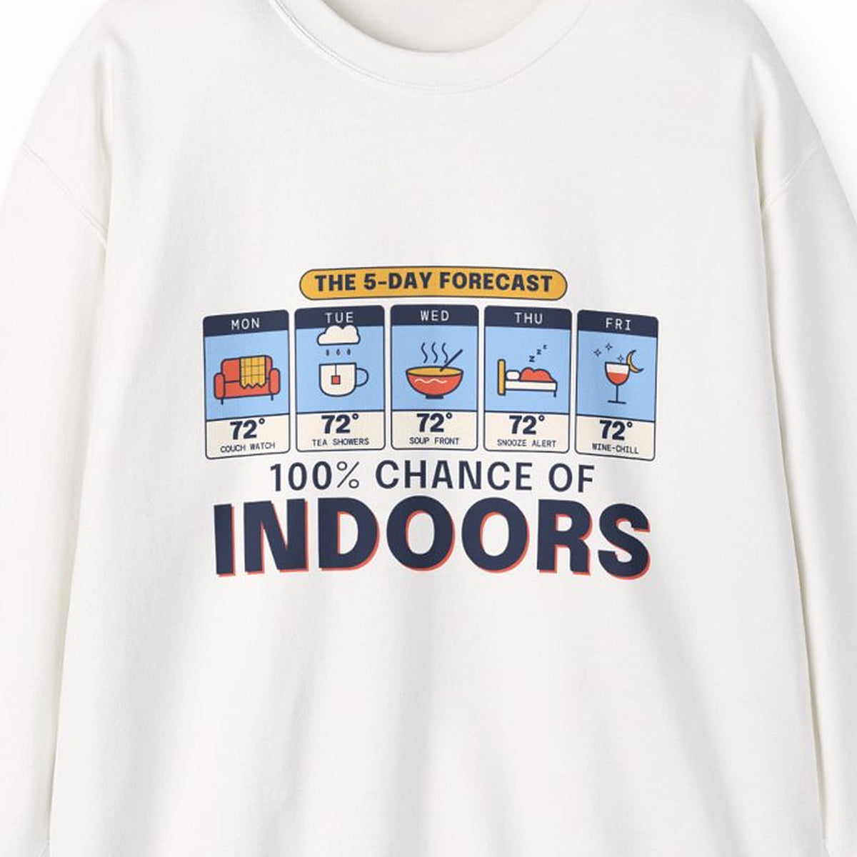 100% Chance of Indoors crewneck design detail close-up