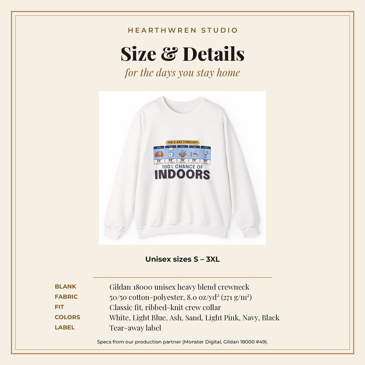 100% Chance of Indoors crewneck size and spec card