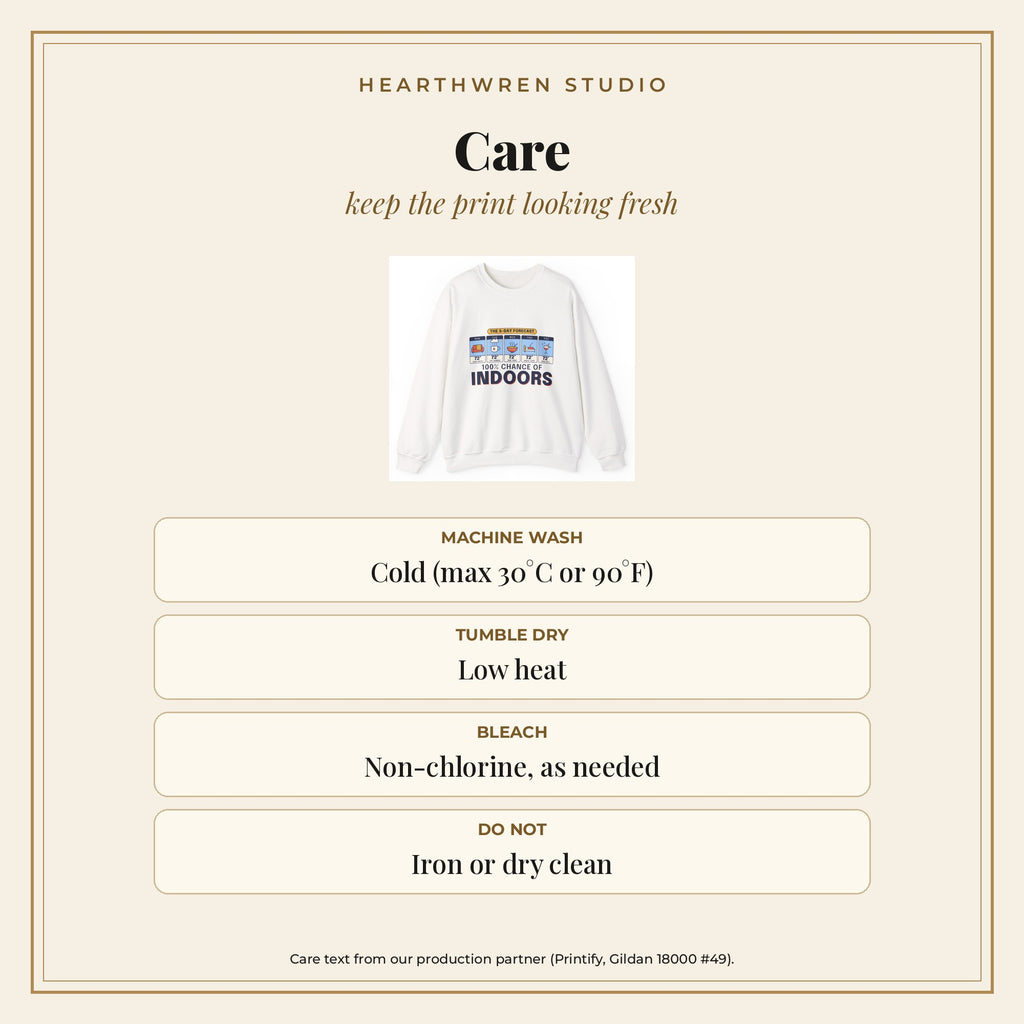 100% Chance of Indoors crewneck care card