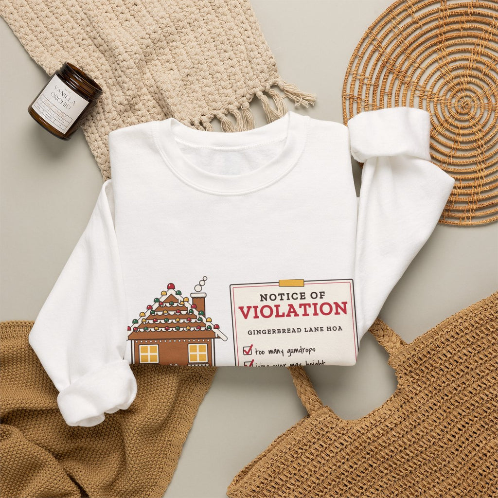 Gingerbread HOA Violation crewneck folded alt, White