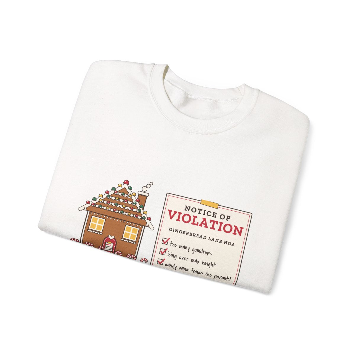 Gingerbread HOA Violation crewneck folded, White