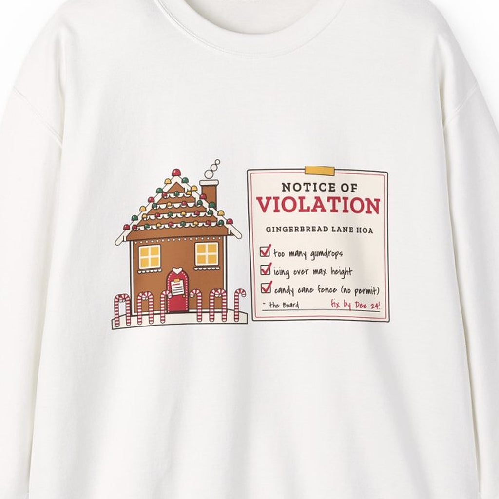 Gingerbread HOA Violation crewneck design detail close-up