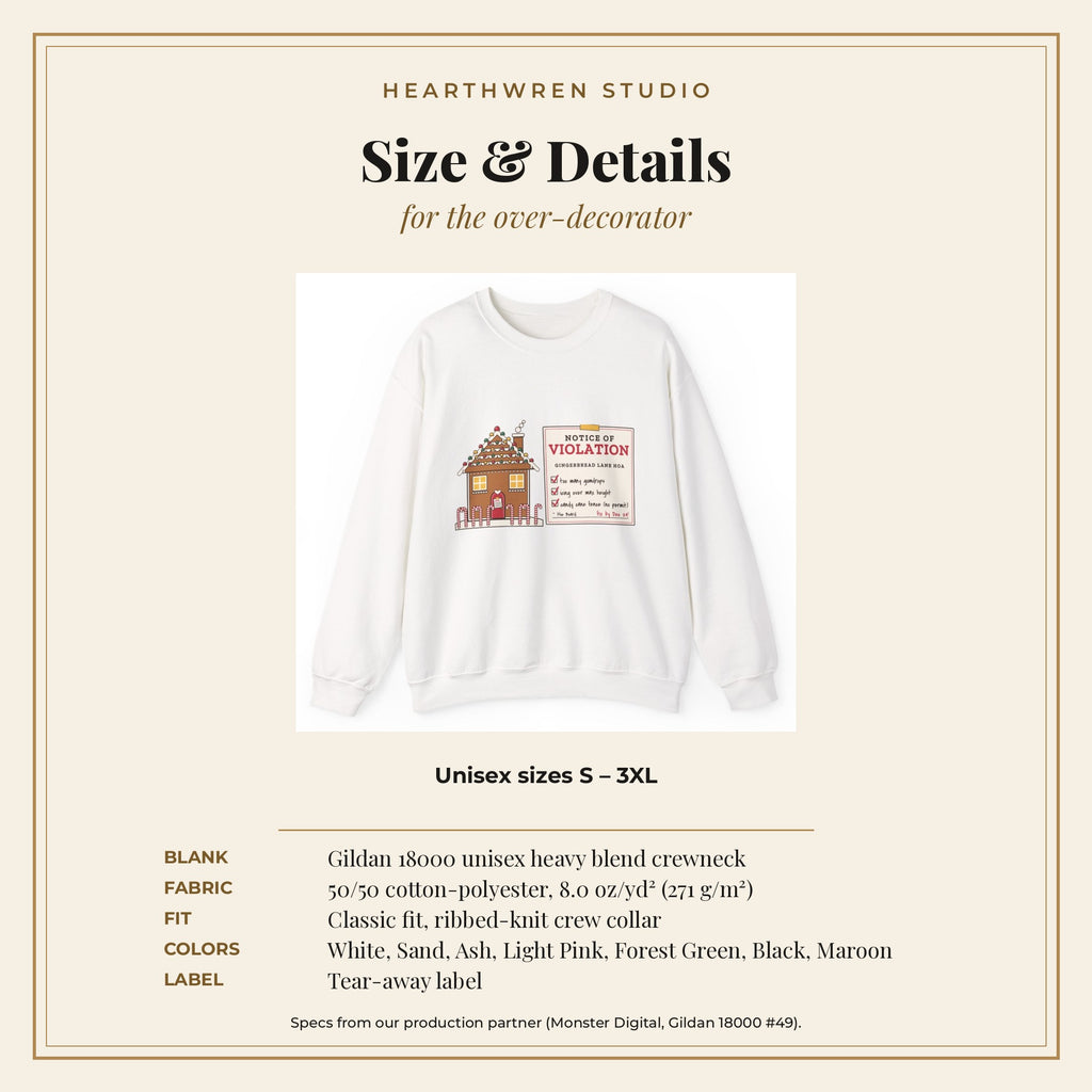Gingerbread HOA Violation crewneck size and spec card