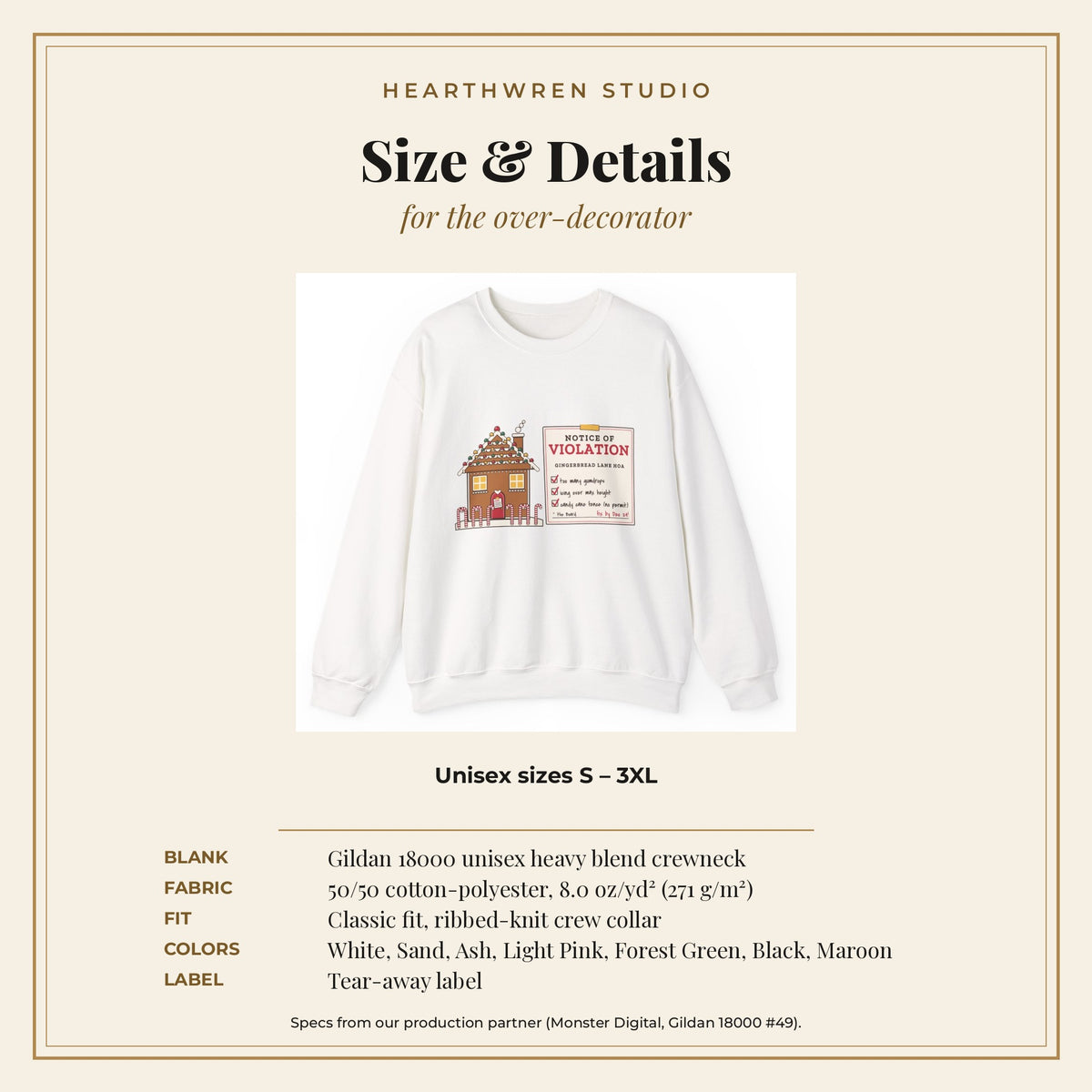 Gingerbread HOA Violation crewneck size and spec card