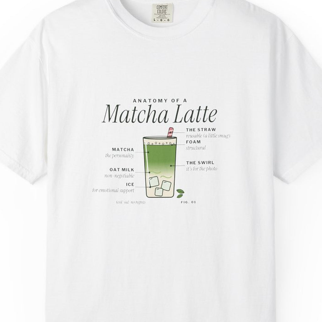Anatomy of a Matcha Latte tee design detail close-up