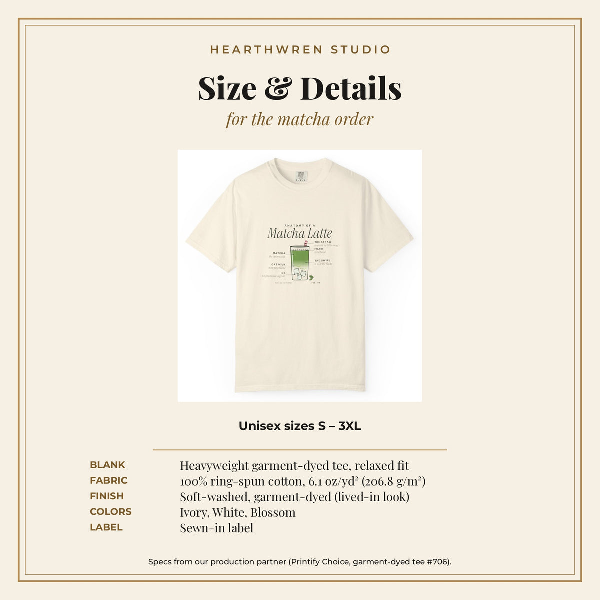 Anatomy of a Matcha Latte tee size and spec card