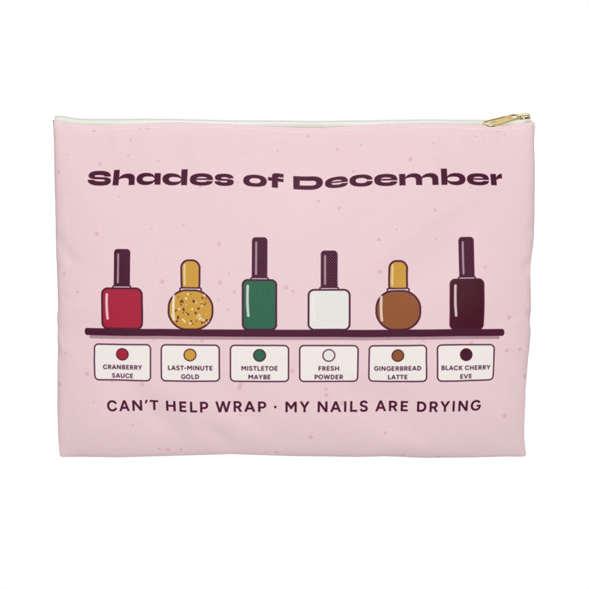 Shades of December pouch front, Large white zipper